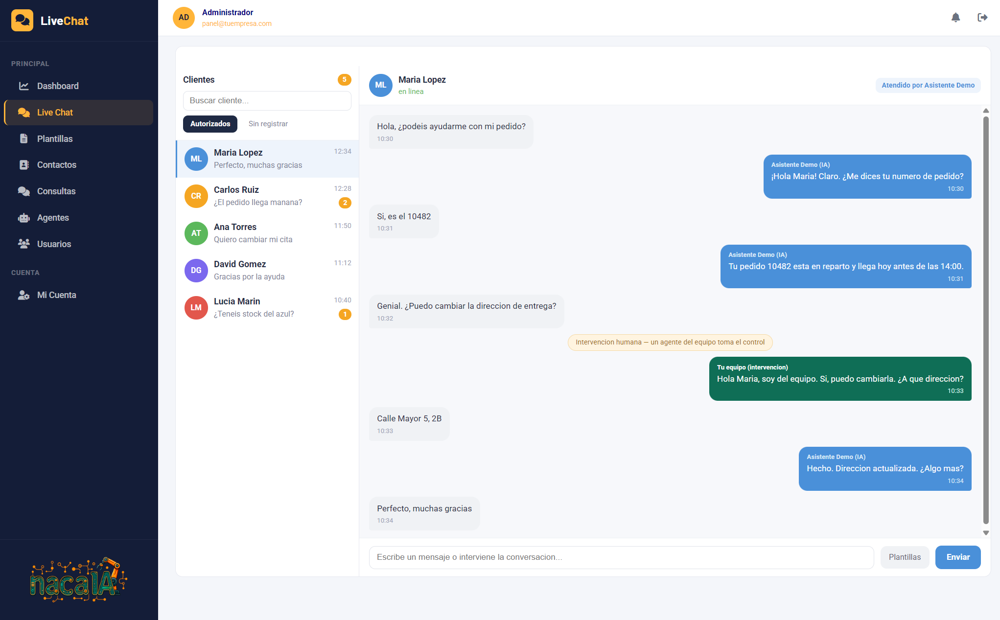 LiveChat IA - Conversación del agente con intervención humana en tiempo real