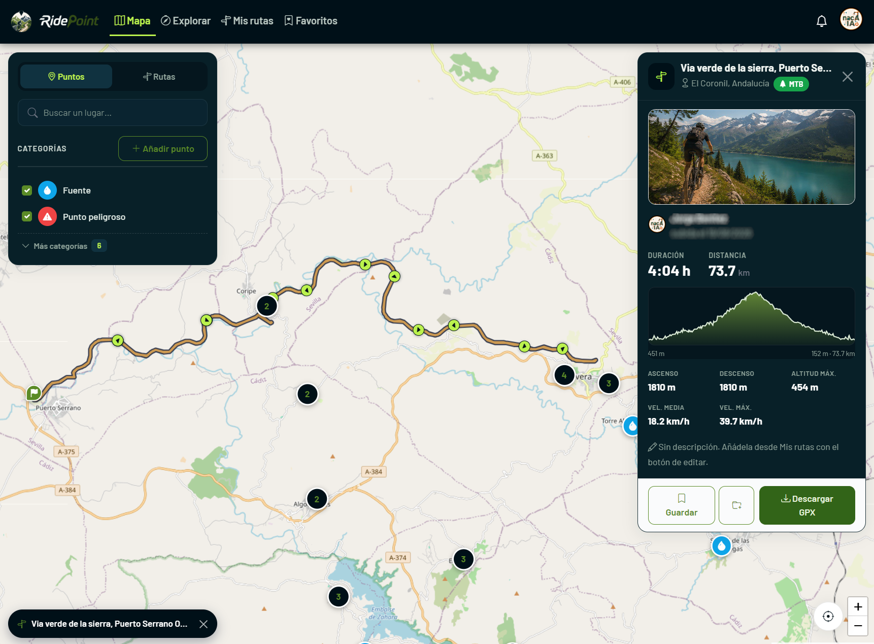 RidePoint - Mapa de ruta MTB con puntos de interés, altimetría y descarga GPX