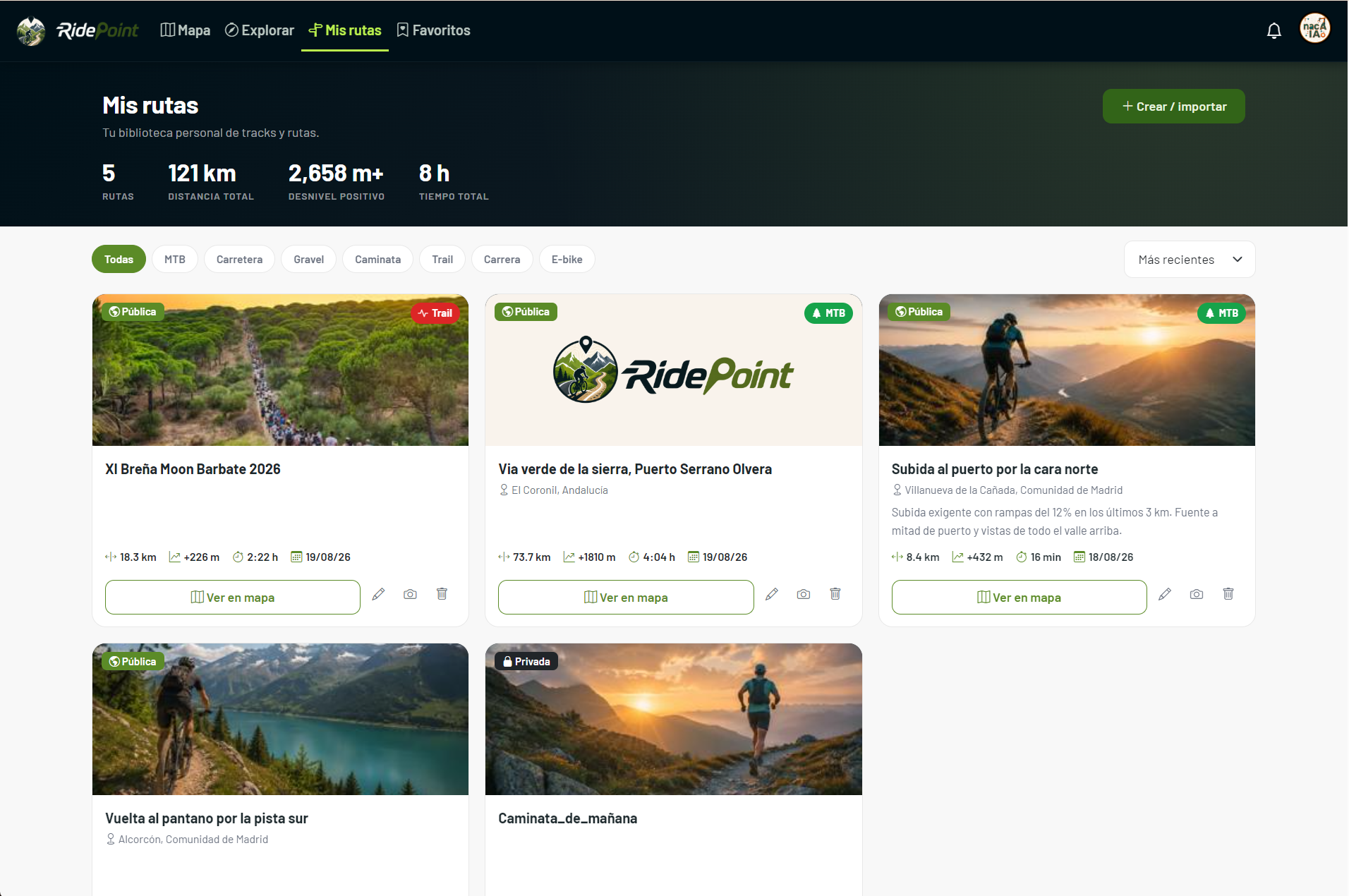RidePoint - Biblioteca de rutas con filtros y estadísticas
